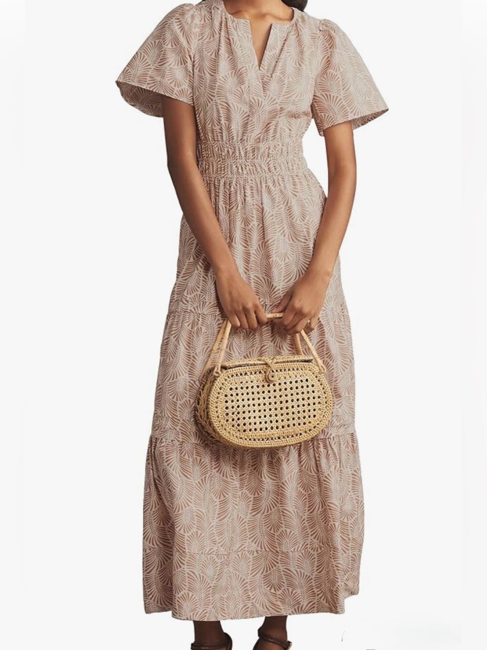 Summer Maxi Dress Printed Tiered Smocked Waist Side Pockets Short Sleeves Small